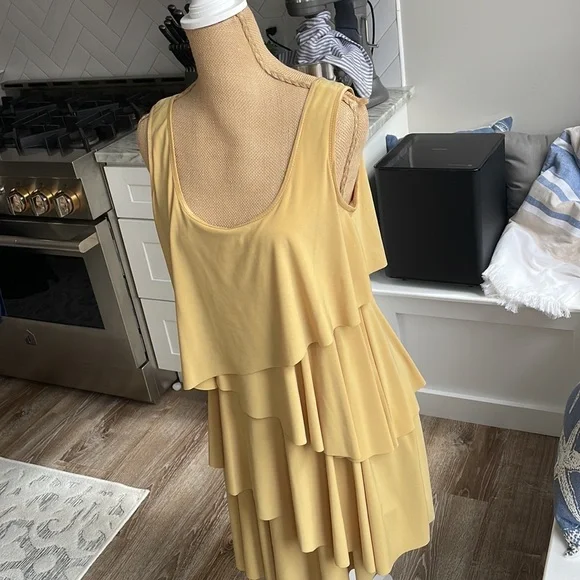 Joseph Ribkoff Mustard color layered ruffle  dress - Picture 5 of 9
